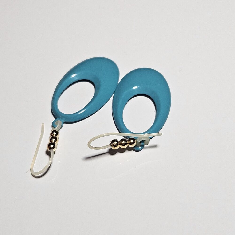 Blue Enamel Metal Dangling Ovals With Gold Bead Accent Earrings - Picture 9 of 11